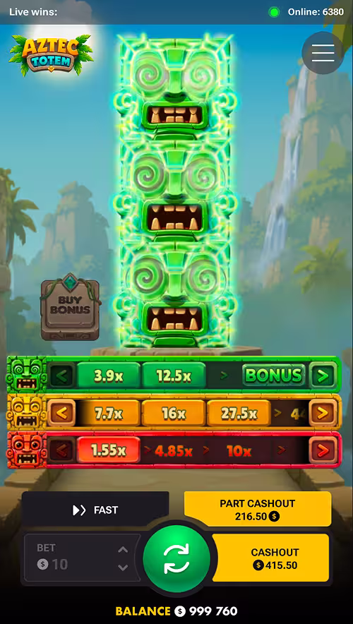 A gameplay screenshot of Aztec Totem by InOut Games showing 3 green blocks and win progression on the lines below