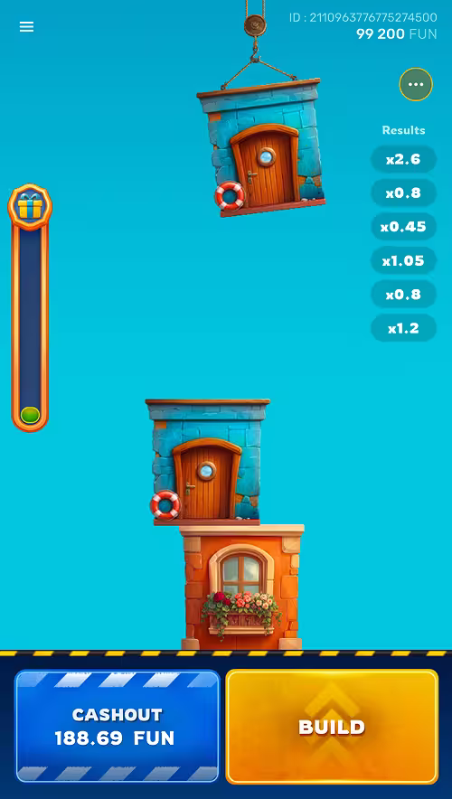 A gameplay screenshot of Tower Rush 2 by Galaxsys showing the player stacking buildings to unlock multipliers