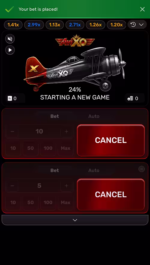A gameplay screenshot of Aviox by Galaxsys starting a new round with two bets ready