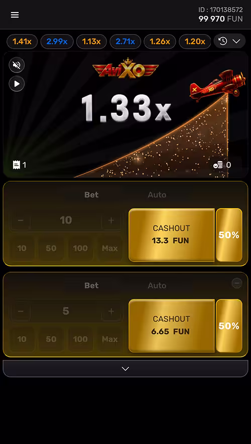 A gameplay screenshot of Aviox by Galaxsys featuring a live round showing the rising multiplier