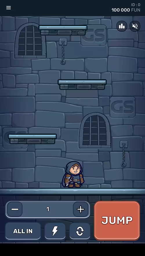 A gameplay screenshot of Hop'n Top by Galaxsys showing a new round with no bets placed