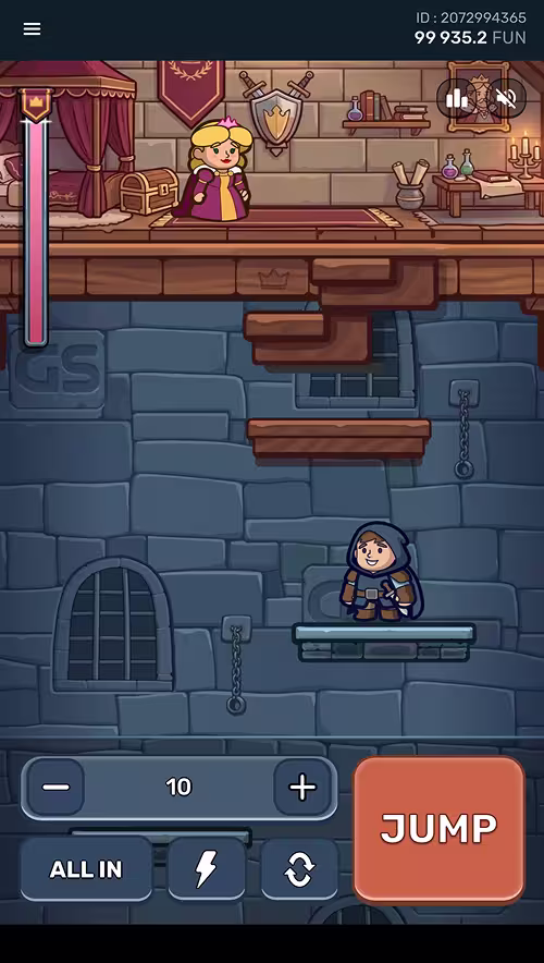A gameplay screenshot of Hop'n Top by Galaxsys closing in on the top of the tower with one step remaining