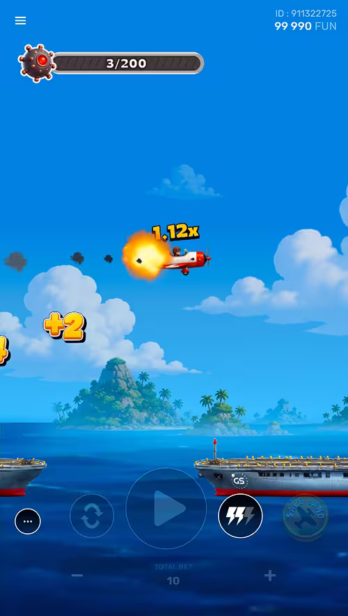 A gameplay screenshot of Wingo by Galaxsys showing the plane colliding with a bomb