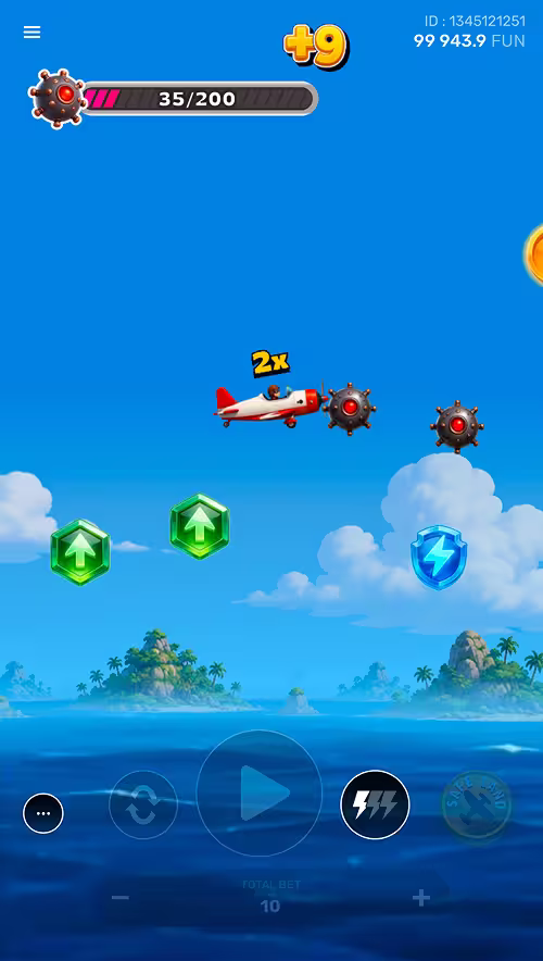 A gameplay screenshot of Wingo by Galaxsys featuring the plane mid flight surrounded by special symbols