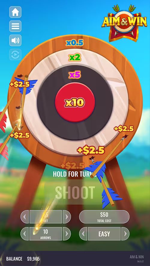 A gameplay screenshot of Aim & Win by Platipus featuring easy difficulty mode bets