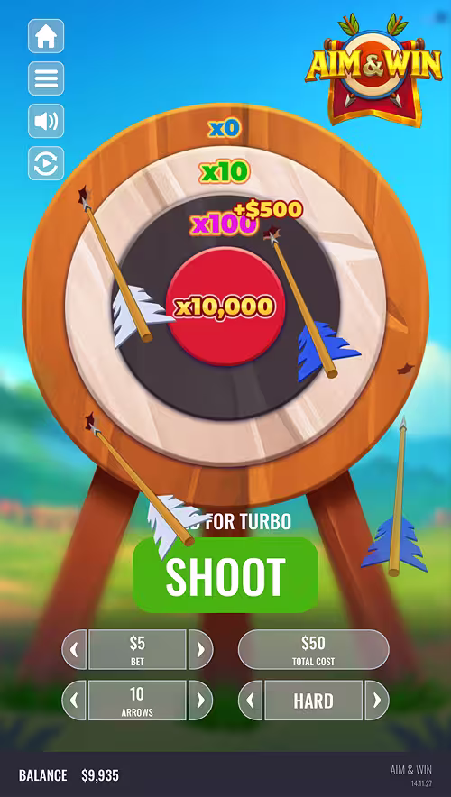 A gameplay screenshot of Aim & Win by Platipus on hard mode with a $500 win