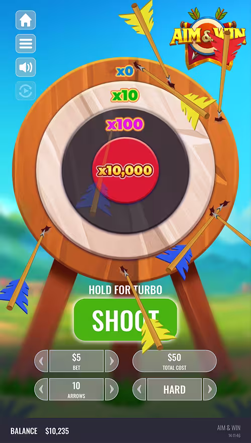 A gameplay screenshot of Aim & Win by Platipus on hard mode showing a round with no winning bets