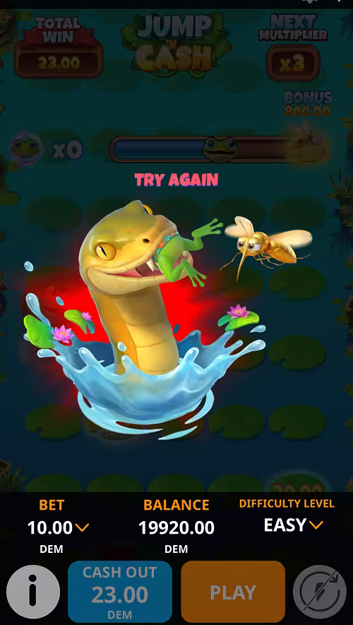 A gameplay screenshot of Jump n Cash by Mancala Gaming featuring a losing round getting eaten by the snake