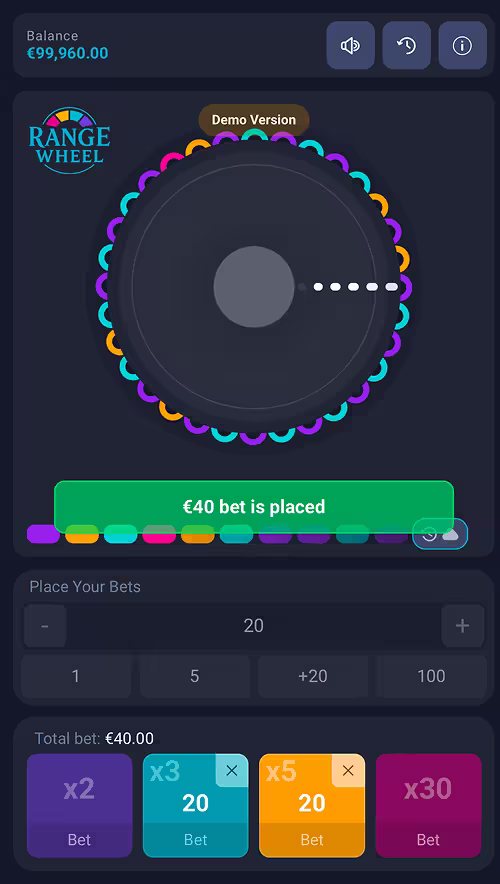 A gameplay screenshot of Range Wheel by PopOK Gaming with 2 bets placed in the pre round countdown