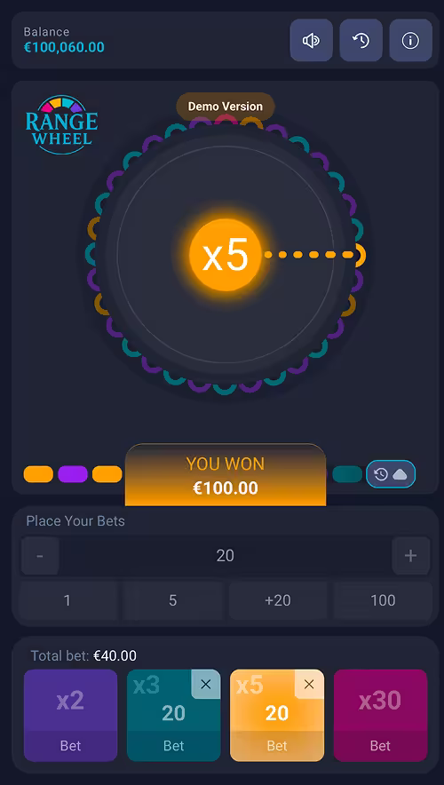 A gameplay screenshot of Range Wheel by PopOK Gaming showing a winning bet