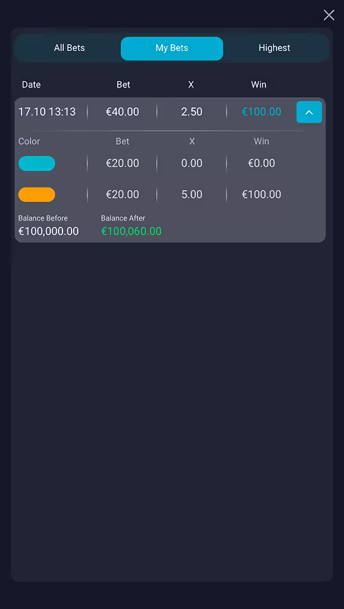 A gameplay screenshot of Range Wheel by PopOK Gaming showing the bet history menu with a single winning bet shown