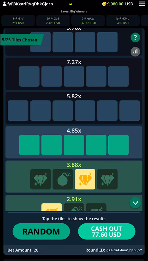A gameplay screenshot of Tower Up by KingMidas selecting tiles to reveal the hidden symbols