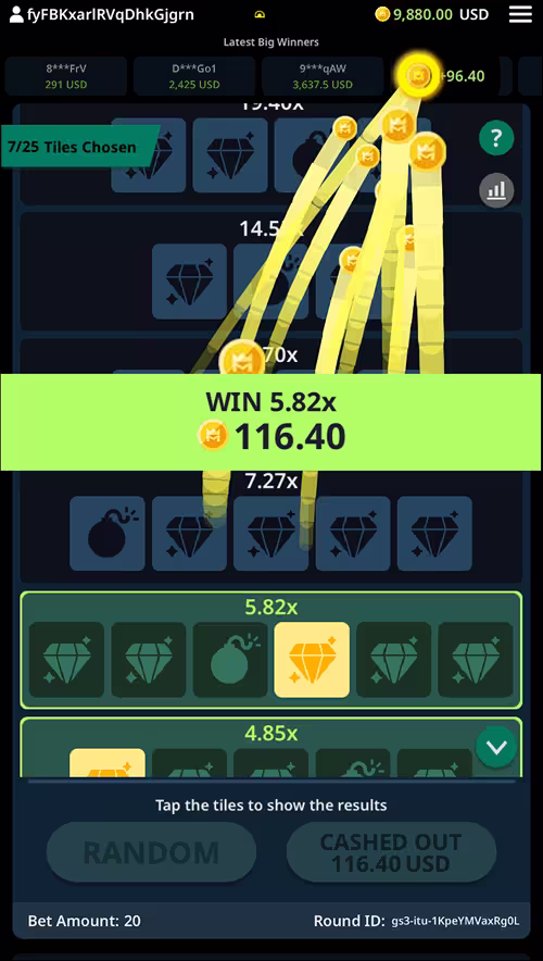 A gameplay screenshot of Tower Up by KingMidas featuring a winning bet cashed out