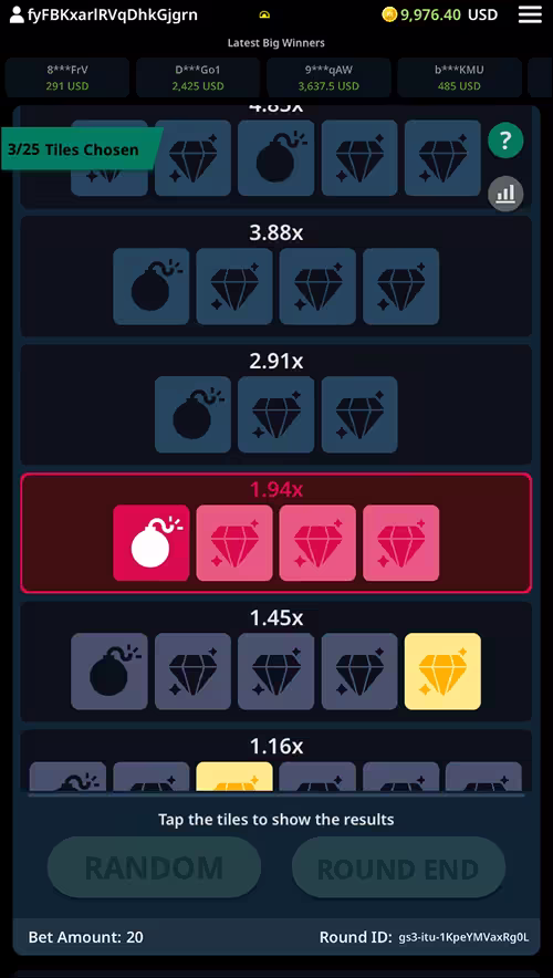 A gameplay screenshot of Tower Up by KingMidas featuring a losing bet after revealing a bomb