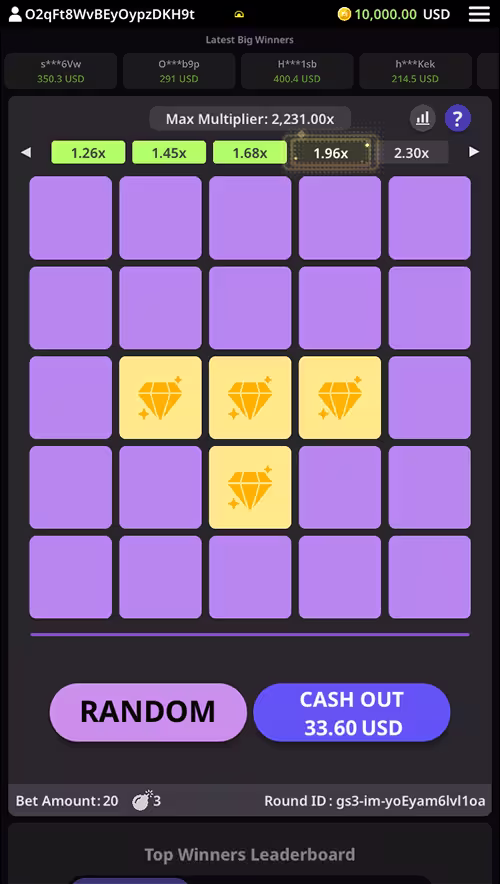 A screenshot of Mines by KingMidas with a bet accepted and four diamonds revealed