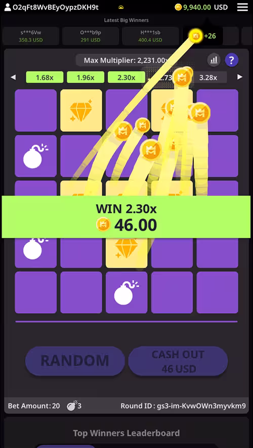 A screenshot of Mines by KingMidas featuring a winning bet cashed out