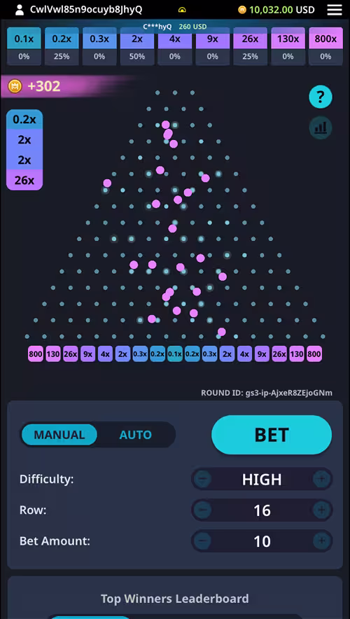 A screenshot of Plinko Rush by KingMidas on high difficulty mode dropping plinko balls down the pyramid