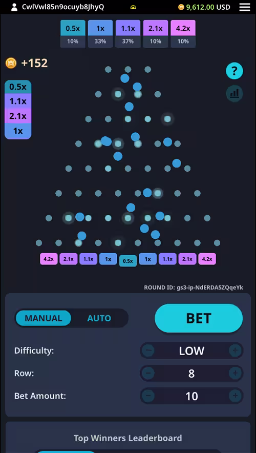 A screenshot of Plinko Rush by KingMidas on low difficulty and 8 rows of pins