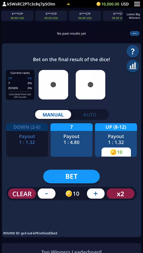 A gameplay screenshot of Up Down by KingMidas with a bet placed on Up ready for the roll