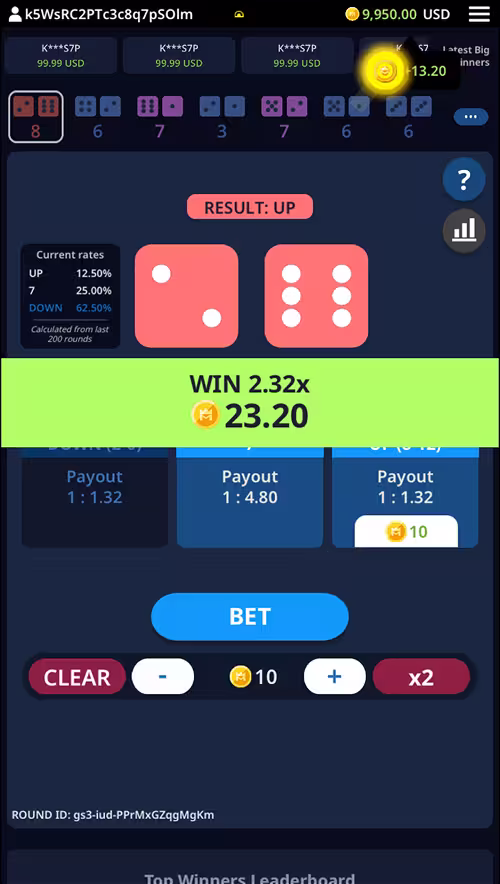 A gameplay screenshot of Up Down by KingMidas featuring a winning bet on Up position