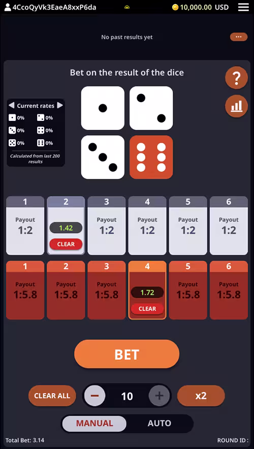 A gameplay screenshot of Four Dice by KingMidas with 2 bets placed waiting for the round to begin
