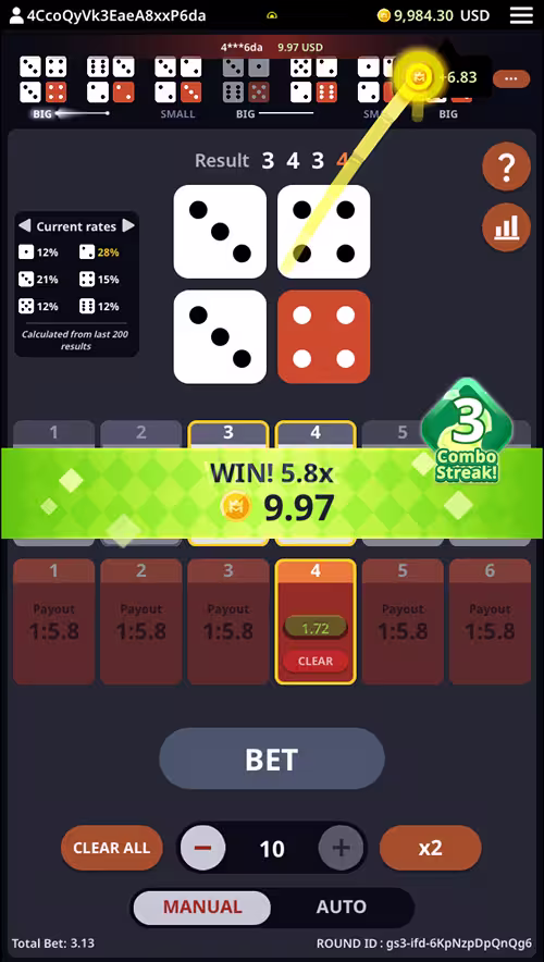 A gameplay screenshot of Four Dice by KingMidas featuring a winning bet