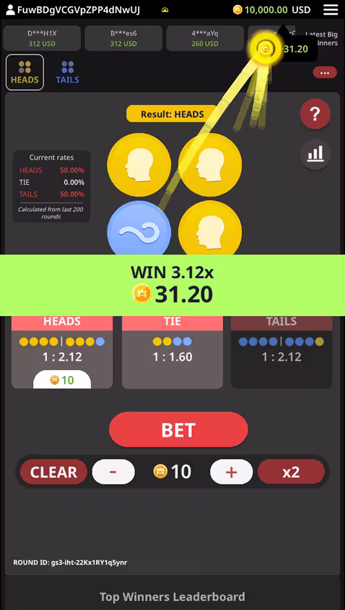 A gameplay screenshot of Heads Tails by KingMidas featuring a winning bet