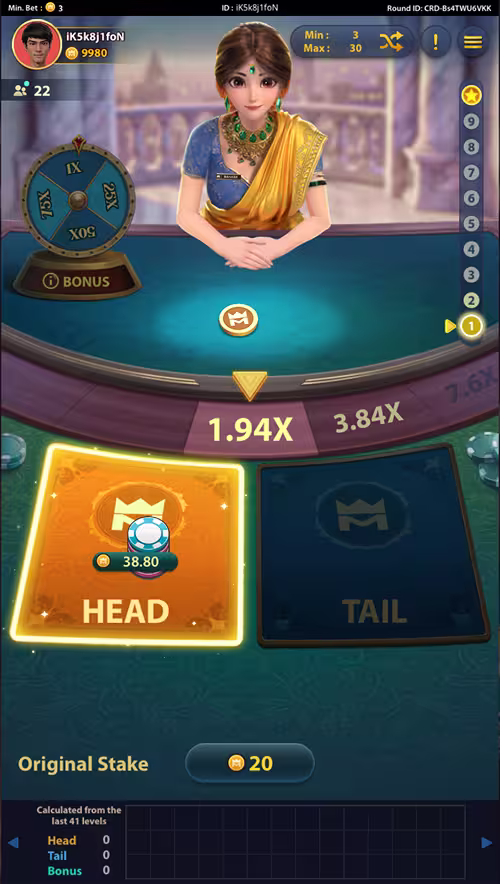 A gameplay screenshot of Coin Rush Deluxe by KingMidas featuring a winning bet on head