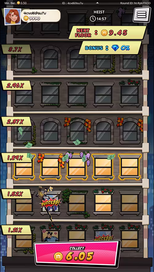 A gameplay screenshot of Heist by KingMidas placing bets to reach higher levels