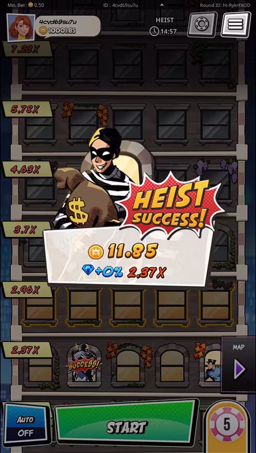 A gameplay screenshot of Heist by KingMidas cashing out a winning bet