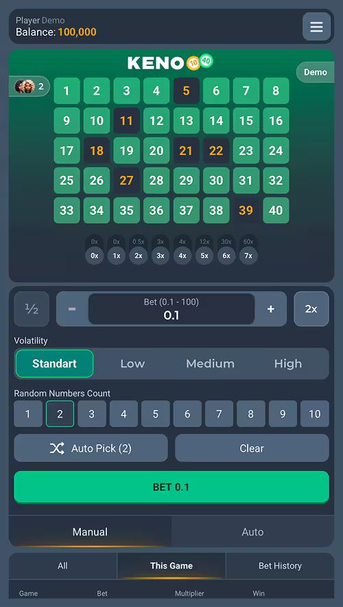 A gameplay screenshot of Instant Keno by PopOK Gaming with 7 numbers selected waiting for the round to start