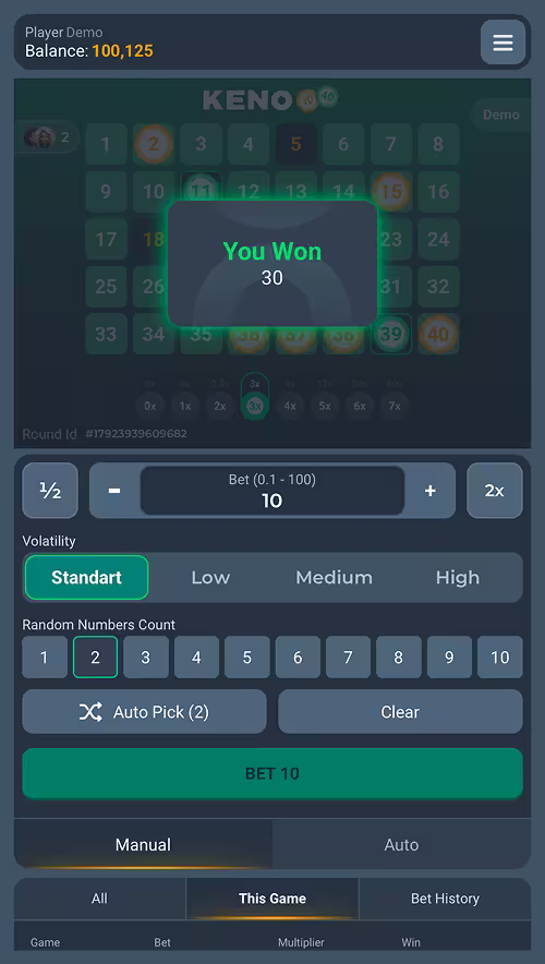 A gameplay screenshot of Instant Keno by PopOK Gaming featuring a winning round with 7 numbers selected
