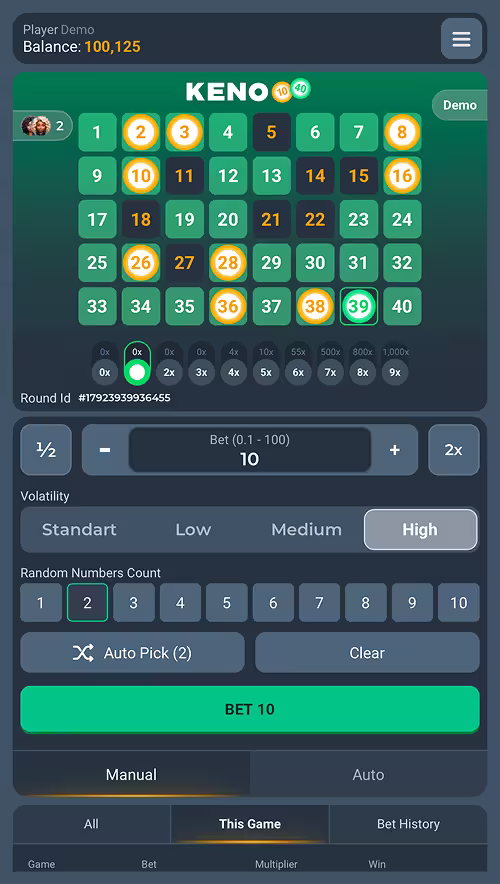 A gameplay screenshot of Instant Keno by PopOK Gaming featuring a losing bet on high volatility