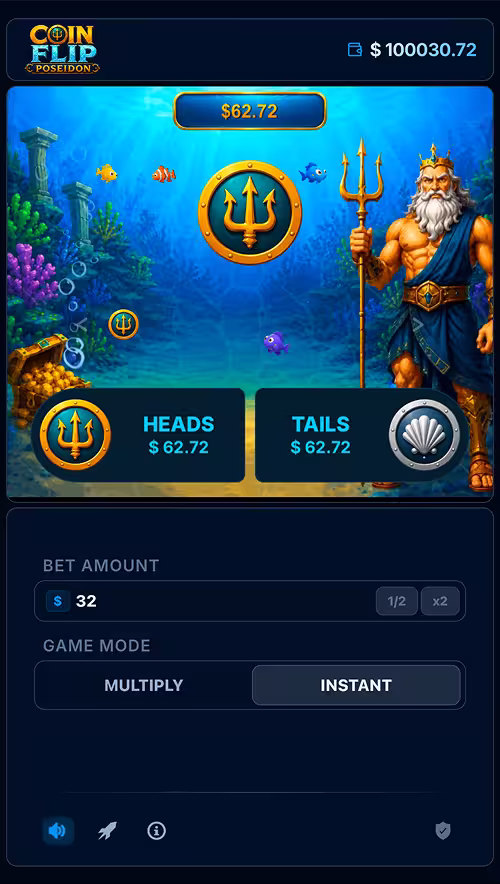 A gameplay screenshot of Coin Flip Poseidon featuring a win on single mode