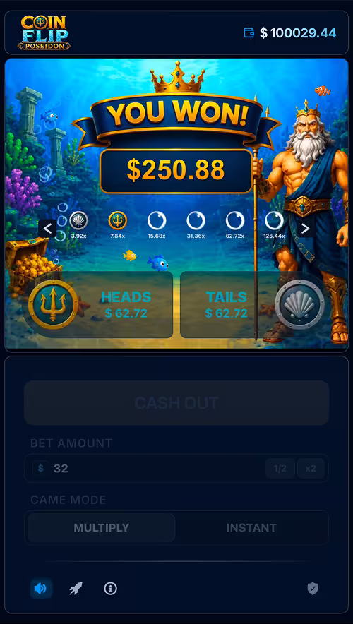 A gameplay screenshot of Coin Flip Poseidon cashing out on multiply mode with three correct consecutive bets