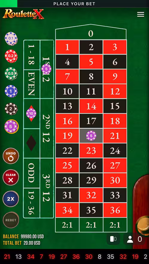 A gameplay screenshot of RouletteX by Astriona with inside bets and a straight up on the table
