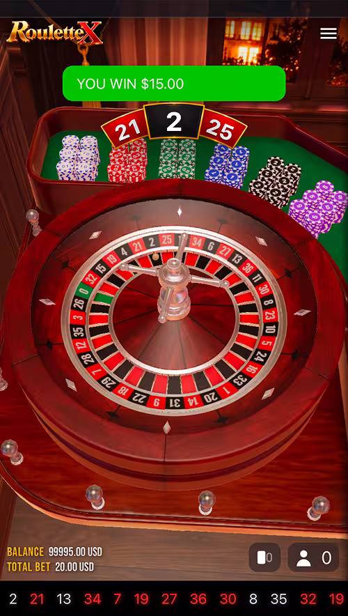 A gameplay screenshot of RouletteX by Astriona featuring a winning bet