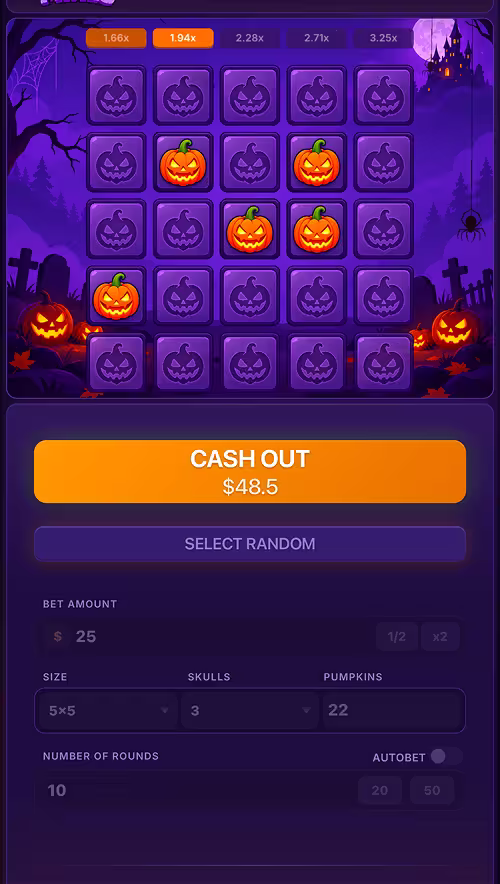 A gameplay screenshot of Pumpkin Mines by Astriona picking on a 5x5 grid revealing pumpkins