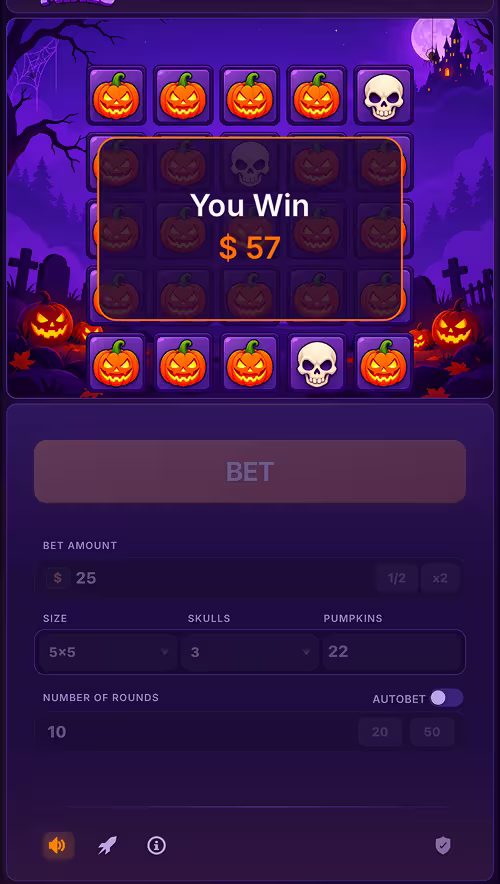 A gameplay screenshot of Pumpkin Mines by Astriona cashing out a win on a 5x5 grid game
