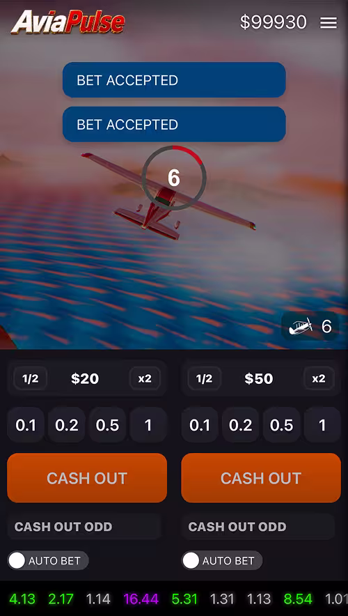 A gameplay screenshot of Avia Pulse by Astriona with two bets placed ready for the round to begin