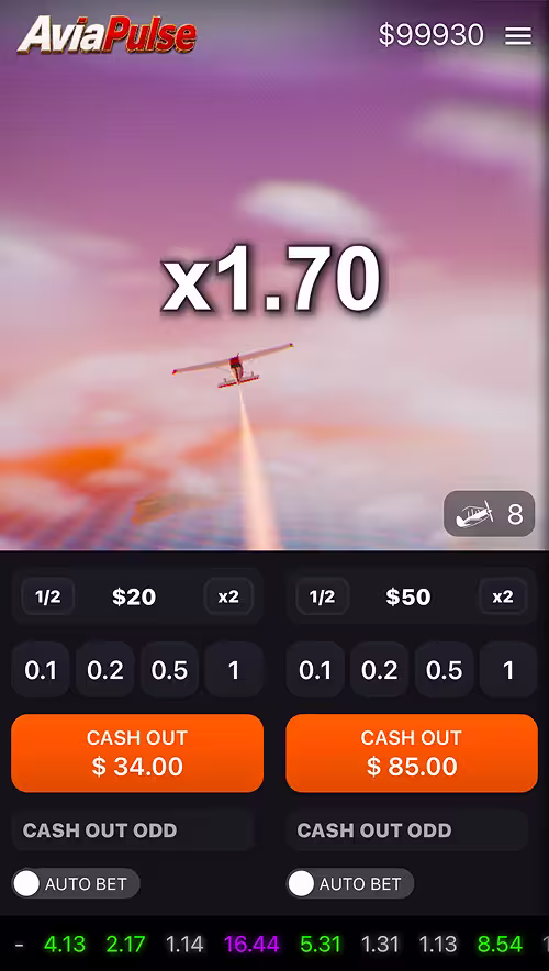 A gameplay screenshot of Avia Pulse by Astriona featuring the round in play and the rising multiplier visible as the plane soars through the clouds
