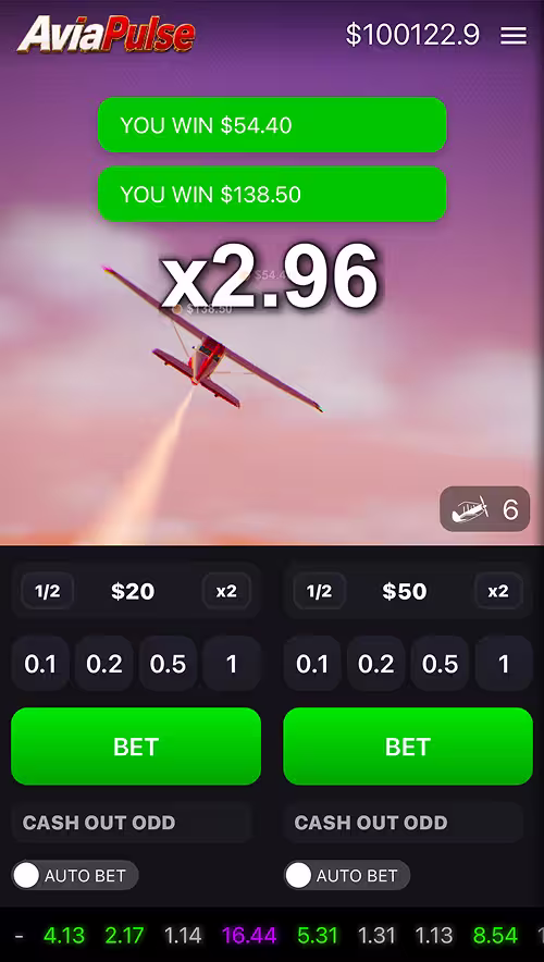 A gameplay screenshot of Avia Pulse by Astriona showing two bets cashed out in a single round