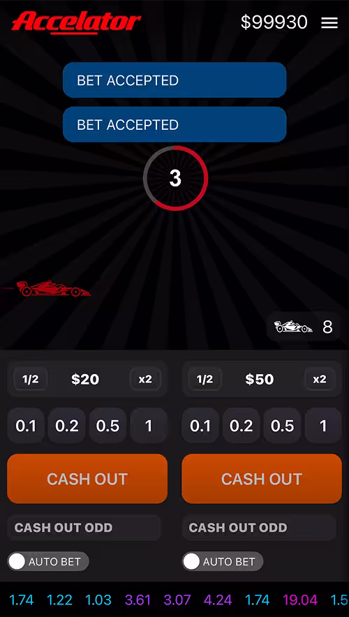 A gameplay screenshot of Accelator by Astriona showing two bets being accepted before the round starts