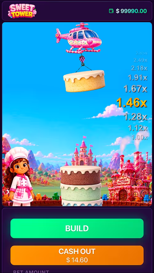 A gameplay screenshot of Sweet Tower by Astriona showing a tower of cakes being stacked to unlock larger win multipliers