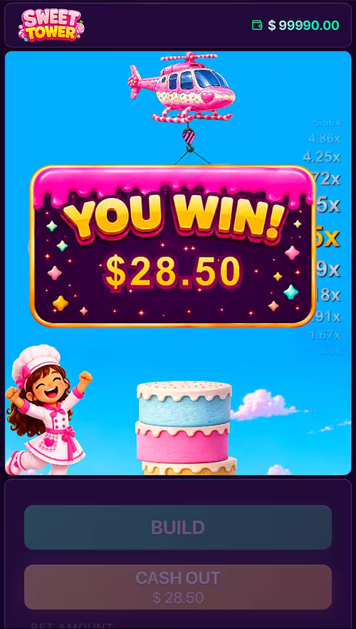 A gameplay screenshot of Sweet Tower by Astriona with a big win result