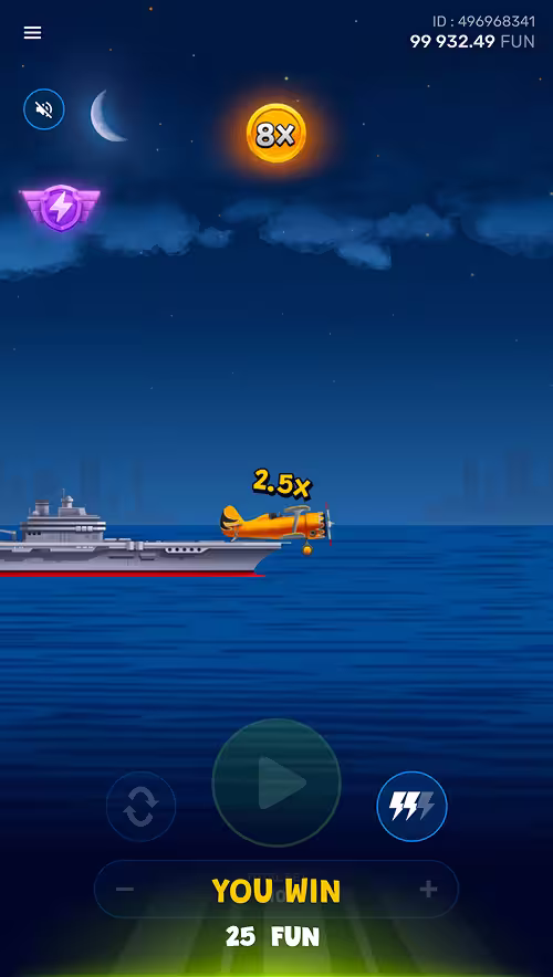 A gameplay screenshot of Aviabom by Galaxsys featuring a winning round hanging off the end of the landing ship