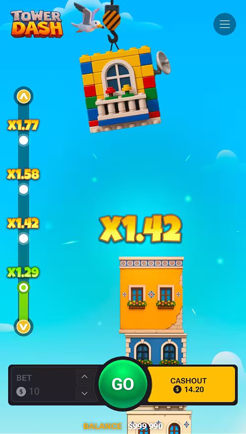 A gameplay screenshot of Tower Dash by InOut Games stacking building sections up unlocking win multipliers