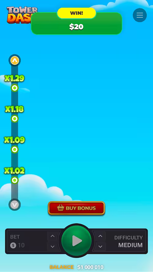 A gameplay screenshot of Tower Dash by InOut Games featuring a winning bet cashed out