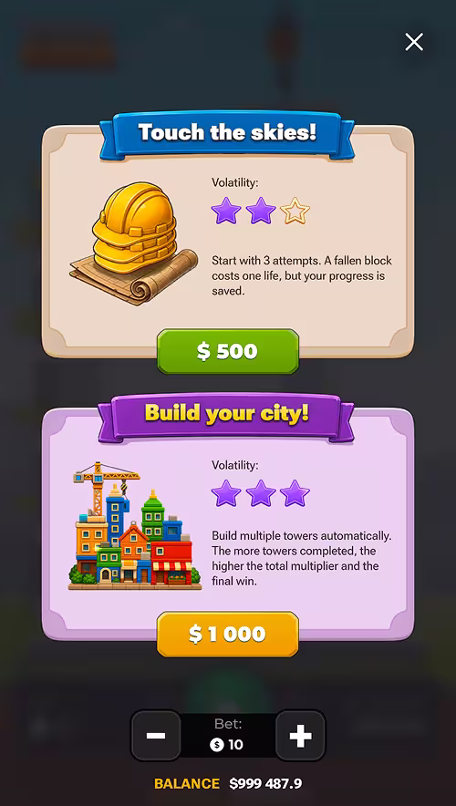 A gameplay screenshot of Tower Dash by InOut Games previewing the bonus buy menu