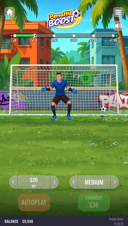 A gameplay screenshot of Penalty Boost by Platipus showing a goal kicked on medium difficulty